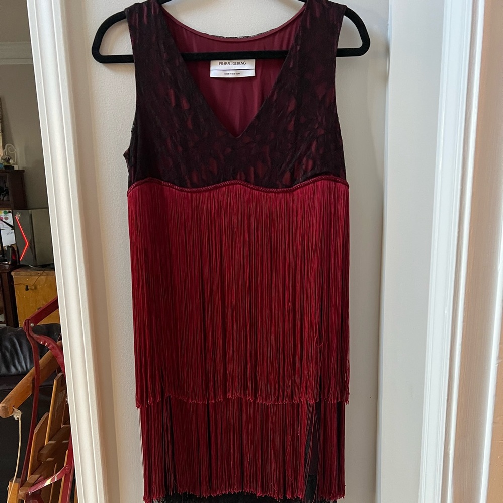 💃🏻 PRABAL GURUNG 💃🏻 retro vintage flapper fringe midi marroon black runway